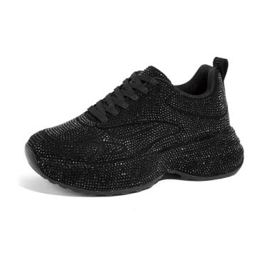 Imagem de LUCKY STEP Tênis feminino grosso com strass, moderno, plataforma, brilhante, pai, casual, tênis leve, caminhada, esporte, Preto, 35
