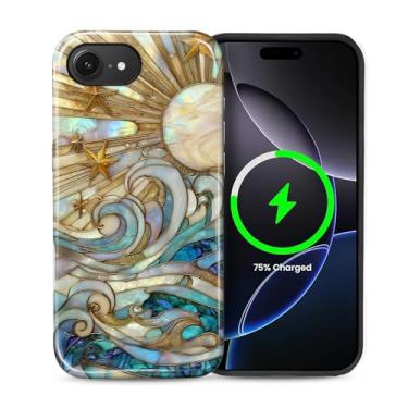 Imagem de casesok Capa para iPhone 16e, compatível com MagSafe, capa rígida de camada dupla + capa de silicone, proteção total à prova de choque para iPhone 16e-, ondas de vidro manchado, raios solares