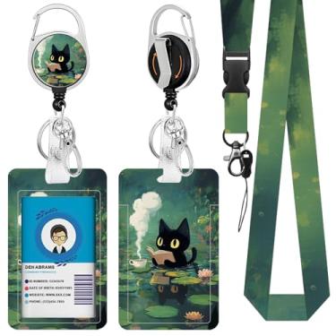 Imagem de Gato preto e planta para crachá de identificação, suporte de crachá de identificação de gato preto e planta com clipe retrátil resistente, presente para professores de enfermagem e estudantes