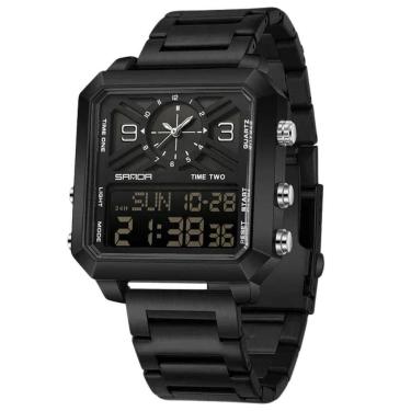 Imagem de Relógio Quartzo Masculino Aço Inoxidável à Prova D água Led Digital Sanda Preto