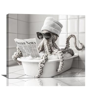 Imagem de Olivine Arte de parede de polvo, decoração de parede com imagens engraçadas de animais, pintura em preto e branco, impressões em tela de banheira de polvo, arte emoldurada para banheiro, quarto, sala