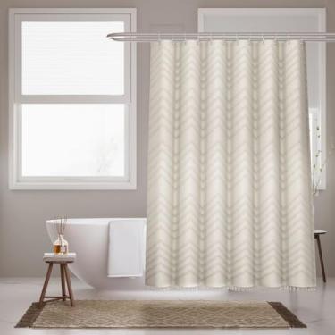 Imagem de Inhousolu Cortina de chuveiro de tecido boêmio, borla listrada chevron texturizada tufada, pano minimalista moderno de fazenda, cortina de banho lavável repelente à água para banheiro, hotel, 182 cm L