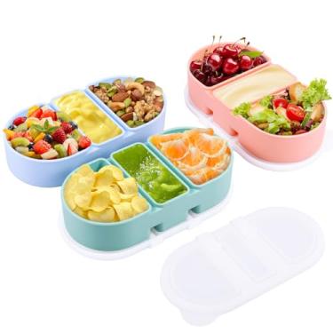 Imagem de Pacote com 3 recipientes de silicone para lanches com tampas, 3 compartimentos reutilizáveis para armazenamento de alimentos, recipiente portátil para molho de salada para escritório, piquenique