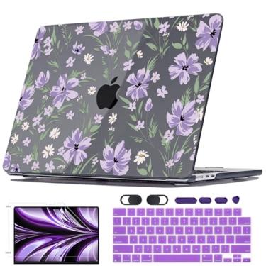 Imagem de Seanai Capa para MacBook Air M4 de 13,6 polegadas A3240 2022-2024 versão 2025 A2681 M2 A3113 M3, capa rígida com estampa preta cristal para teclado para Mac Air de 13,6 polegadas, flores roxas
