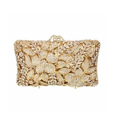 Imagem de DKQXEIM Bolsa feminina elegante floral de cristal para noite com flores brilhantes com strass bolsa de diamante para festa de formatura de casamento, Dourado, prata, 8.0 x 4.8 x 2.4 inches