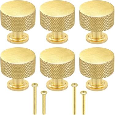 Imagem de HANFUGA Pacote com 6 puxadores de armário de latão escovado, puxadores de gaveta dourados redondos de 1,1" (28 mm), puxadores modernos para armário de cozinha, cômodos de banheiro