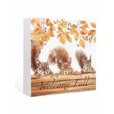 Imagem de Placa de madeira para decoração de escritório, 15 x 15 cm, bem-vindo, outono, folhas de esquilo, placa de madeira decorativa, acessórios de mesa, ornamentos de mesa para quarto, sala de estudo