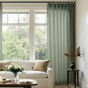 Imagem de Cortinas plissadas extra largas de 213 cm de comprimento para porta de vidro deslizante de pátio verde-oliva linho 182 cm de largura, cortinas com ganchos e anéis semitransparentes, 182 x 203 cm,