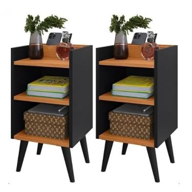 Imagem de Kit 2 Criados-Mudos Compactos com Porta-Celular e Pés Retrô – Mesa Lateral Moderna (KIT MAX PRETO/CINAMOMO)
