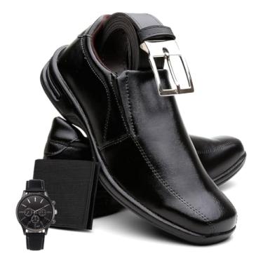 Imagem de Kit Sapato Social Masculino Ortopédico Couro Legítimo Máximo Conforto Com Cinto Carteira e Relógio Para Trabalho Festa e Casamento (Preto/Calçar, BR, Adulto, Numérico, 43)
