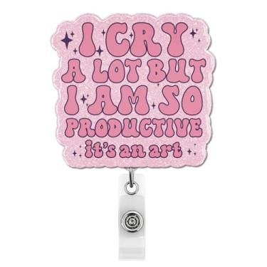 Imagem de Carretel de crachá engraçado retrátil, I Cry a Lot But I Am So Productive com clipe jacaré para amigo, colega de trabalho, escritório, professor, médico, enfermeiro