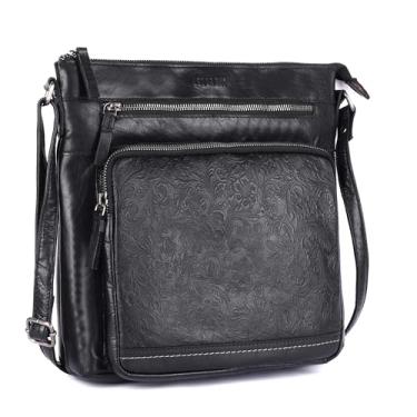 Imagem de LEDERBUCK Olga Bolsa tiracolo feminina extragrande de couro legítimo – Bolsa de ombro macia com zíper triplo, Estampa preta, Bolsa tiracolo