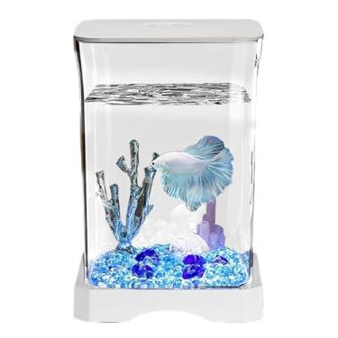 Imagem de Tanque de peixes Betta – aquário de mesa, kit inicial de aquário pequeno Betta com lâmpada de LED, aquário retangular para decoração de mesa