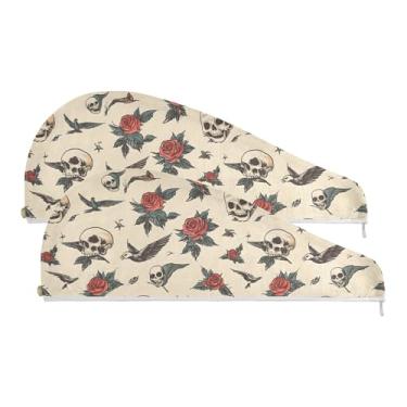 Imagem de SEHANY Toalha de cabelo de microfibra rosa e caveira para mulheres, 2 peças, turbantes de cabelo de secagem rápida com botão, touca de cabelo seco absorvente toalha de secagem de cabelo para cabelos