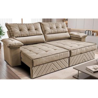 Imagem de Sofá Retrátil E Reclinável 2,10m Com Molas E Espuma D33 Thunder. Velusoft Cama Inbox Bege