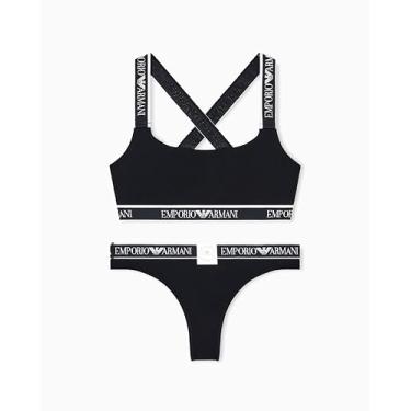 Imagem de Emporio Armani Sutiã feminino com logotipo icônico e conjunto brasileiro, Preto, P