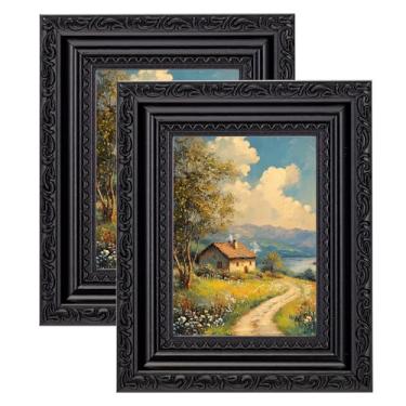 Imagem de eletecpro Conjunto de 2 porta-retratos 7 x 10 cm, moldura vintage ornamentada com vidro, molduras góticas rústicas, 7,5 x 10,2 cm, para mesa, preta