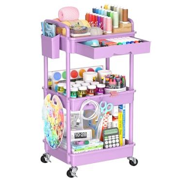 Imagem de SUNALLY Organizador de carrinho de rodinhas de 3 níveis com gaveta, carrinhos de armazenamento de banheiro com rodas e prateleira de plástico, organizadores de armazenamento móvel para cozinha