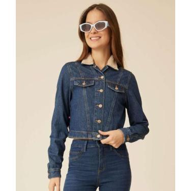 Imagem de Jaqueta Feminina Jeans Cropped Pelúcia-52134 - Cambos, M, Jeans azul