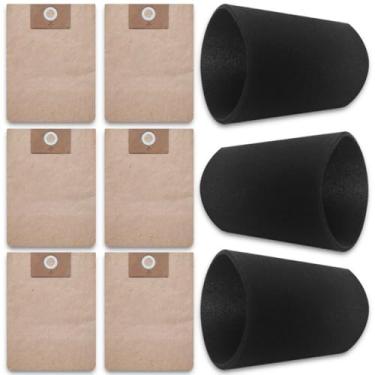 Imagem de Saco de filtro de vácuo 25-1230 e substituição de filtro de espuma 25-1202 para aspirador de pó molhado/seco Stanley 4-5 galões SL18129 SL18130P SL18133, 6 sacos de vácuo descartáveis + 3 conjuntos de