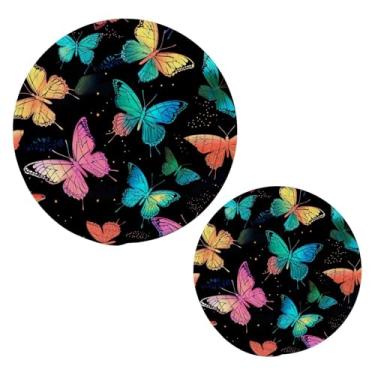 Imagem de Wassud Conjunto de trivet de borboletas brilhantes coloridas para pratos quentes, suportes redondos de algodão, almofadas quentes, porta-copos elegantes, decoração de cozinha e acessórios, 2 peças