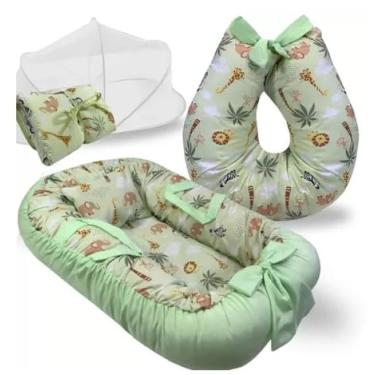 Imagem de KIt enxoval Ninho Redutor de Berço Almofada Amamentação Cobertor Toalha Banho Mosquiteiro Kit 5 Peças (4 Peças verde Safari)