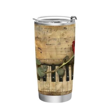 Imagem de Wassud Copo rosa e piano de 590 ml com tampa e canudo de aço inoxidável, parede dupla, copo isolado para viagem, café para bebidas frias e quentes