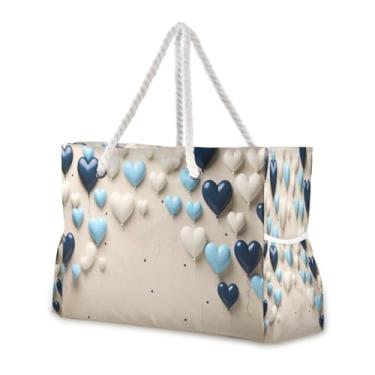 Imagem de Wassud Bolsa de praia azul e branco com balões de coração grandes para mulheres, à prova d'água, à prova de areia, bolsa de viagem com zíper e bolso para piscina, academia, acampamento