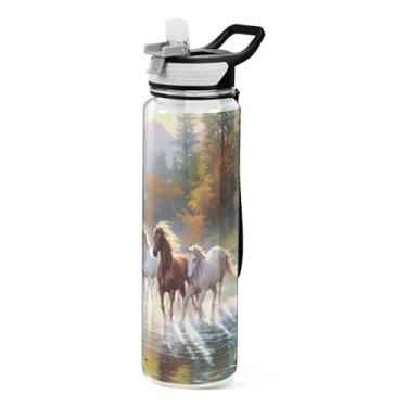 Imagem de xigua Garrafa de água de cavalo de corrida com tampa de palha, garrafas de água transparentes à prova de vazamentos para esportes ao ar livre, beber fitness, treino, viagem, 946 ml