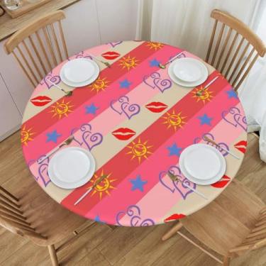 Imagem de BOXIMIAO Toalha de mesa redonda Heart Kiss Sun Star com borda elástica, impermeável, reutilizável, toalha de mesa para férias, cozinha, festa, pátio, M (114 a 127 cm)