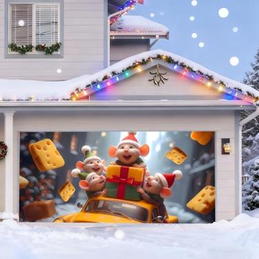 Imagem de TTCHANG Banner de porta de garagem de Natal – Cena de inverno com lindo ratinho, queijo, carros e decorações de neve, grande à prova d'água reutilizável mural de férias ao ar livre para decorações de