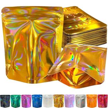 Imagem de YINGZON Pacote com 100 sacos Mylar premium à prova de cheiro, sacos de armazenamento resseláveis com impressão holográfica frente e verso, sacos de embalagem de alumínio de 12,7 x 10 cm. (dourado)