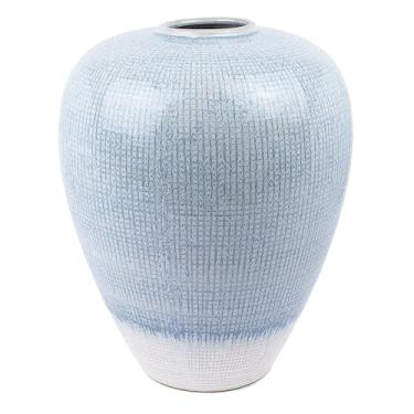 Imagem de Vaso texturizado azul claro – Vaso decorativo de cerâmica azul macio com acabamento canelado, vaso de mesa bulboso redondo para decoração de casa costeira, centro de mesa moderno para sala de estar