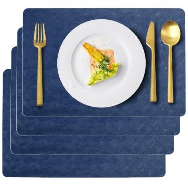 Imagem de Conjunto de jogo americano, preto resistente ao calor, de couro sintético antiderrapante, adequado para uso interno e externo na cozinha, tapetes de mesa de plástico laváveis e limpáveis (4, azul)
