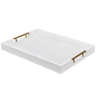 Imagem de Bandeja de servir de madeira embrulhada em couro sintético branco de 35 x 50 cm com alças de metal para várias ocasiões, otomana, decoração de casa, sala de estar, organizador de mesa de café, serve
