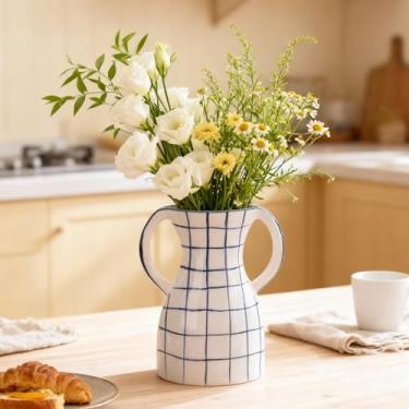 Imagem de Vaso de cerâmica xadrez azul e branco com alças, vaso de flores decorativo para sala de jantar, mesa de centro, vaso de boca larga para grama dos pampas, peitoril da janela, sala de estar, cozinha