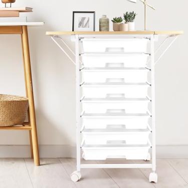 Imagem de Carrinho de armazenamento com gavetas, armário de armazenamento de artesanato com 8 gavetas e mesa de madeira, carrinho utilitário com painéis laterais duplos dobráveis e rodas para sala de aula
