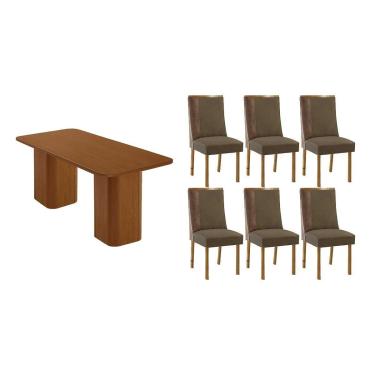 Imagem de Sala Jantar Mesa Maldivas Tampo Curvo 180cm+6 Cadeiras Tilia Madeira Naturale - Capuccino/Suede Capuccino - Rufato