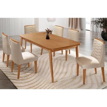 Imagem de Sala Jantar Mesa Havana Tampo Curvo 180cm+6 Cadeiras Maldivas Madeira Naturale - Capuccino/Suede Creme - Rufato