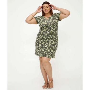 Imagem de Vestido Plus Size Feminino Folhas Manga Curta Marisa-44036, Verde, G3