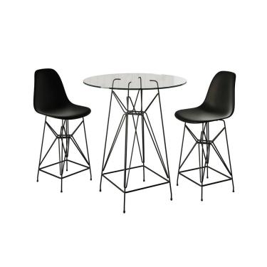 Imagem de Jogo Mesa Bistrô Eames Eiffel Vidro 60Cm 2 Banquetas Preta Base Ferro Preto - Cor: Marrom