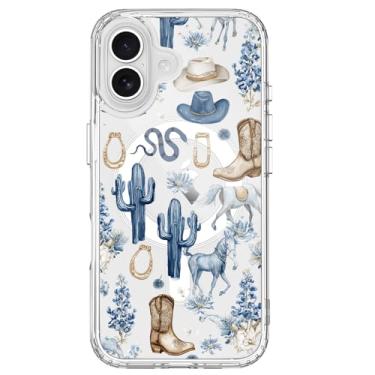 Imagem de BlHMCASE Capa para iPhone 16 Pro, compatível com MagSafe, capa magnética de cavalo cowboy ocidental, transparente, macia, fina, à prova de choque, para mulheres e meninas