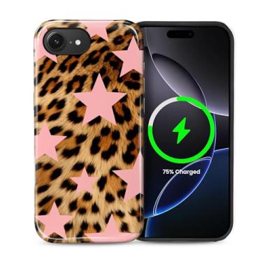 Imagem de Kapadiy Capa magnética para iPhone 16e, compatível com MagSafe Pink Glitter Star Leopard Design Hybrid Dual Protection Silicone + Capa protetora de policarbonato rígido à prova de choque para homens e