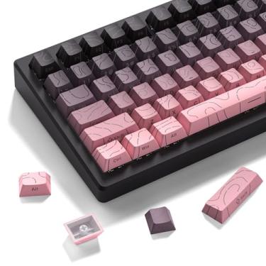 Imagem de dagaladoo Conjuntos de teclas topográficas rosa e cinza linhas retroiluminadas gradiente brilham através do teclado teclas impressas laterais perfil cereja para teclados mecânicos 61/64/66/68/71/75/84