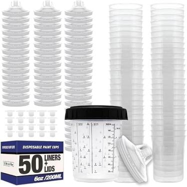 Imagem de LAUCO Forros e sistema de tampas descartáveis para pistolas de pulverização de tinta, 50 tampas, 1 copo rígido com anel de retenção e 20 plugues - Compatível com sistema original 1.0 (não 2.0) (200 ml