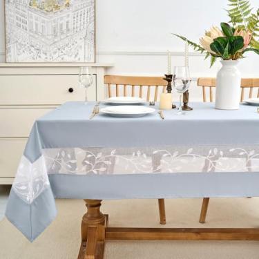 Imagem de youngseahome Toalha de mesa de tecido resistente com borda de renda bordada requintada - à prova d'água/resistente a vincos - para jantar, interior e exterior, casamento, férias, névoa azul