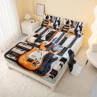 Imagem de AILONEN Jogo de lençol casal com tema de música rock, para crianças e adultos, 1 lençol de cima, 1 lençol com elástico + 2 fronhas, 4 peças