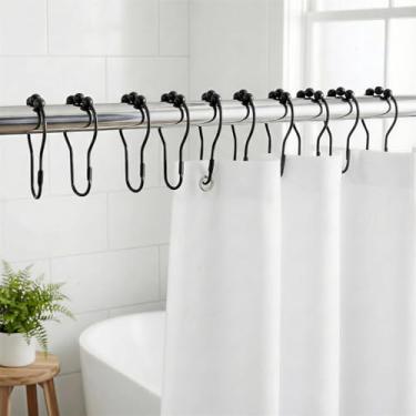 Imagem de 12 anéis de ganchos de cortina de chuveiro, ganchos de chuveiro de metal à prova de ferrugem para varões de banheiro, resistente, design de bola - preto