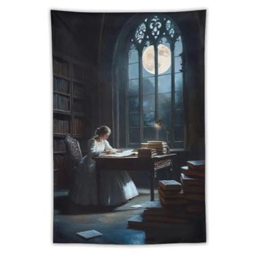 Imagem de Woman In White Gown Reading At Desk In Library By Full Moon Window Wall Tapestry Cozy Literary Art For Living Room Serene Hanging Accent Classic Scene40 x60 Tapeçaria