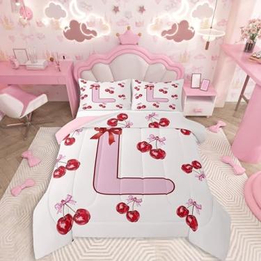 Imagem de Feelyou Conjunto de edredom com laço de cereja rosa para todas as estações, letra G, conjunto de cama com 1 fronha, microfibra, cereja, frutas, crianças, solteiro, laço, decoração de quarto de